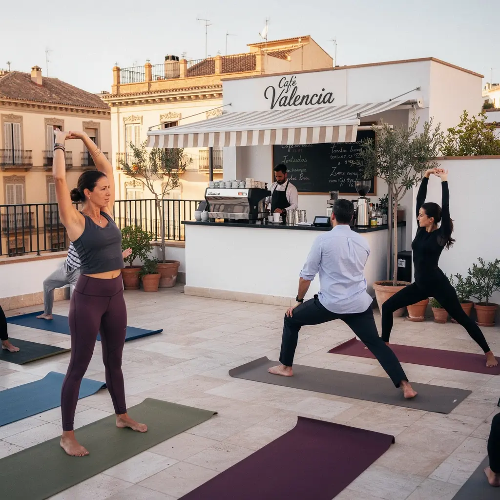 Grupo de estudiantes realizando posturas de yoga en un estudio luminoso.