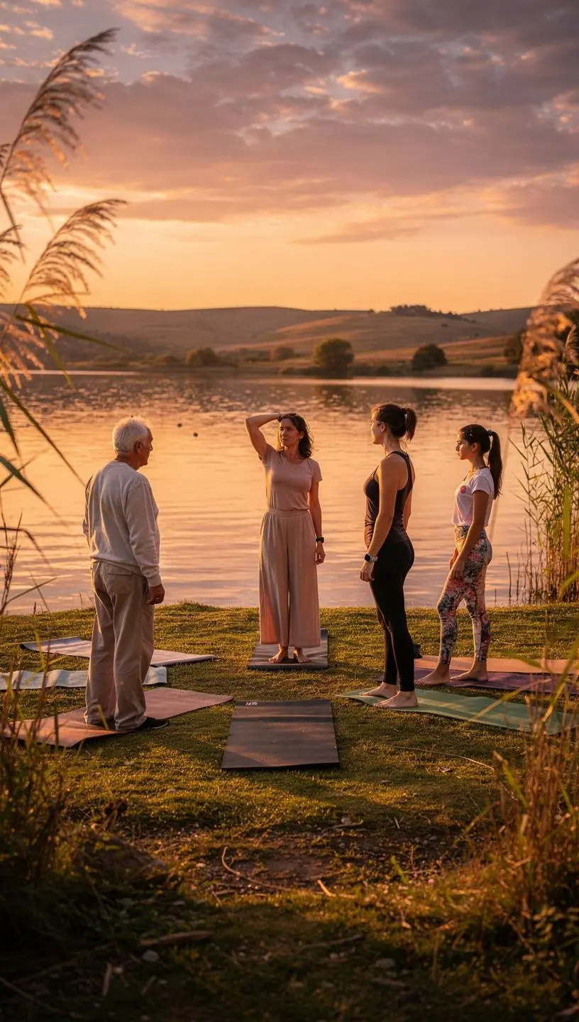 Instructora de yoga guiando una sesión rápida con una sonrisa.