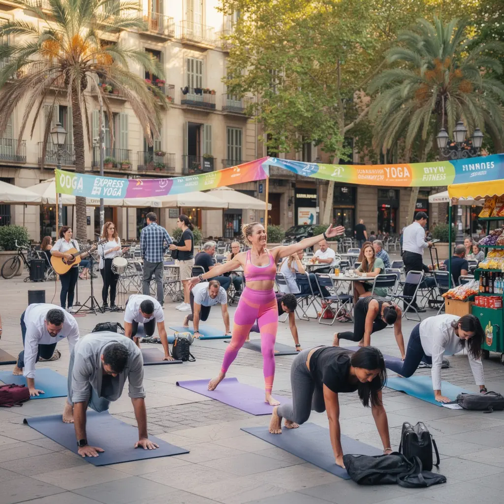 Manta de yoga enrollada junto a una botella de agua en un entorno urbano.