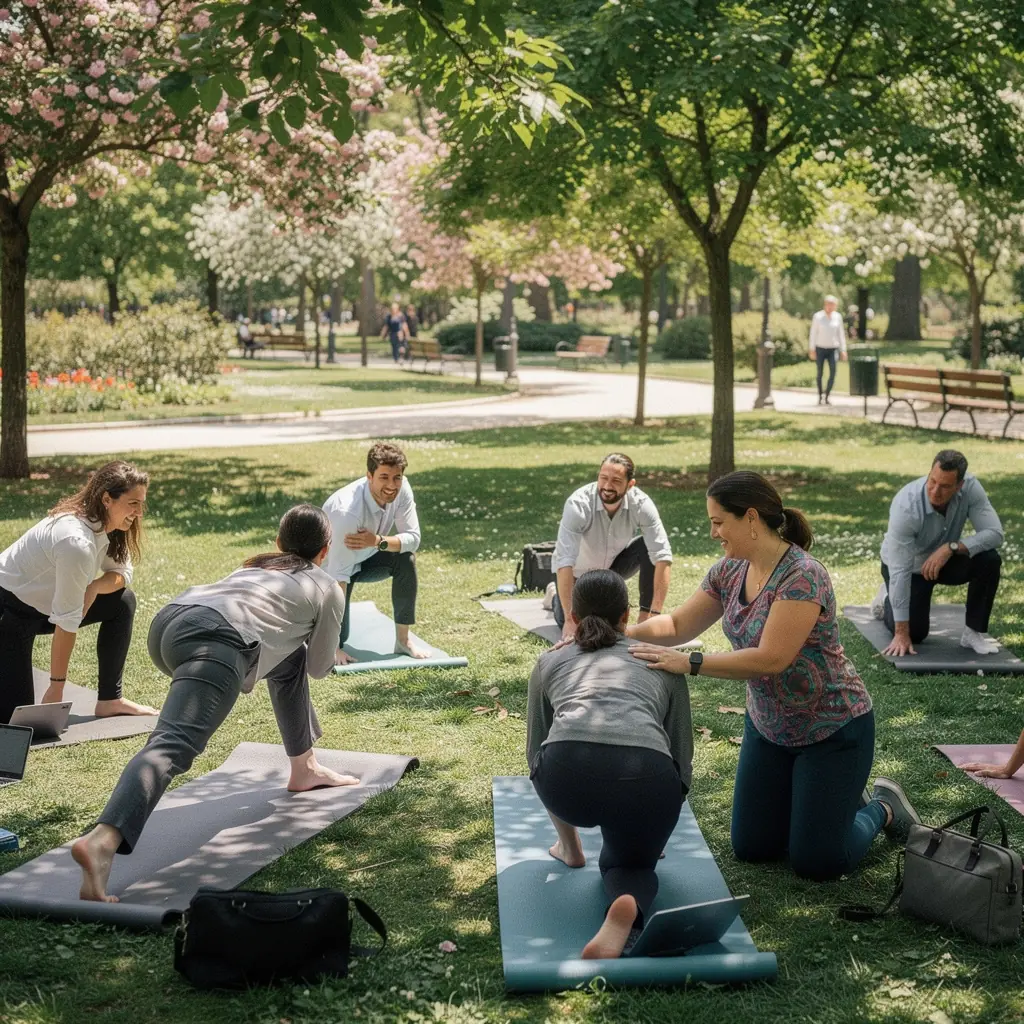 Participantes relajándose en la postura del cadáver al final de la clase.