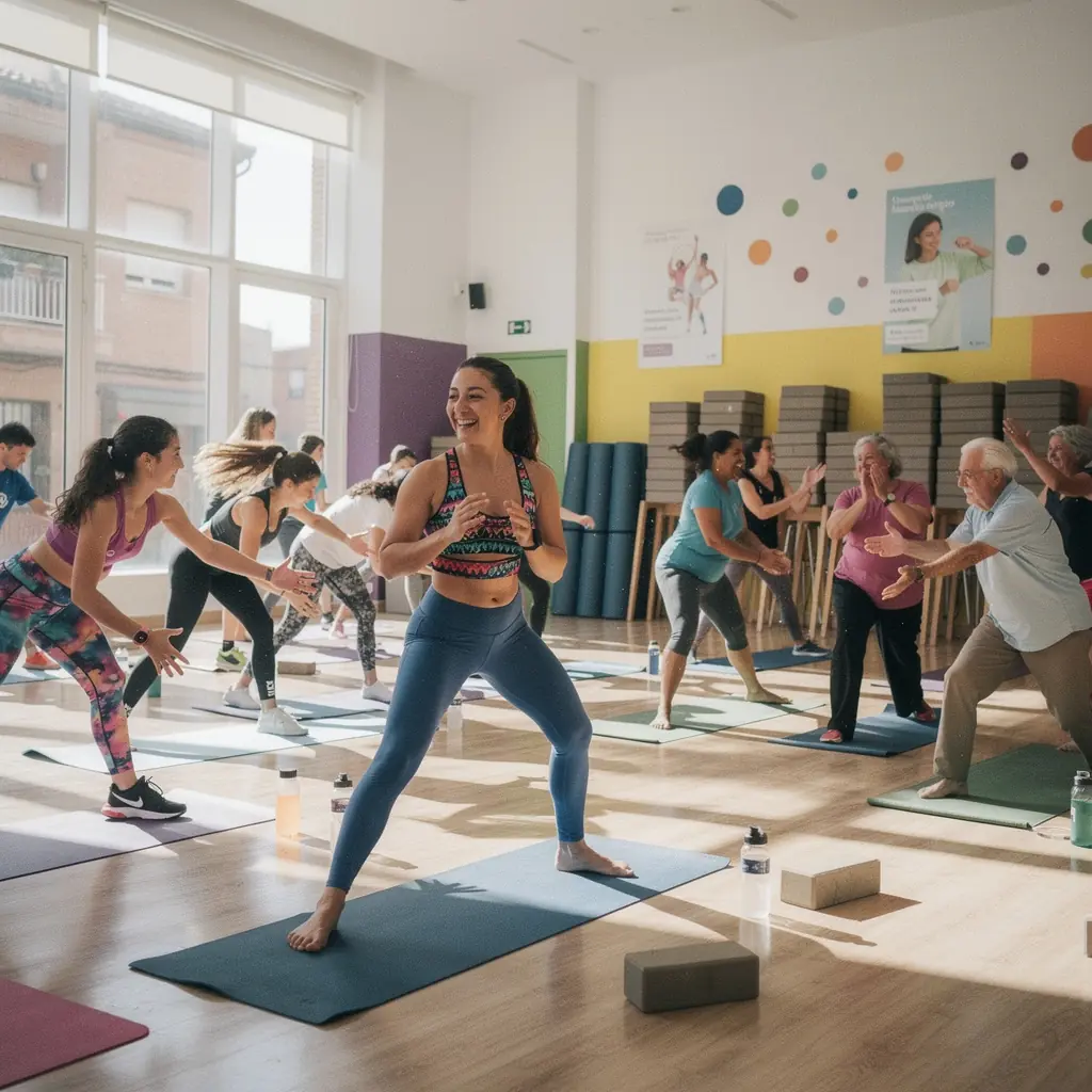 Clase de yoga express con personas practicando en un parque al aire libre.