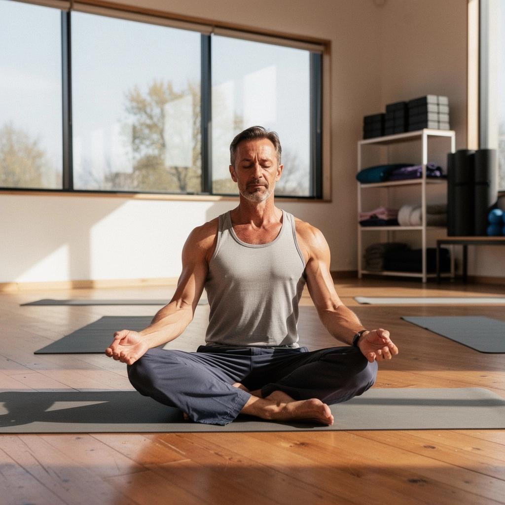Una persona meditando en una colchoneta de yoga, rodeada de plantas y luz natural.